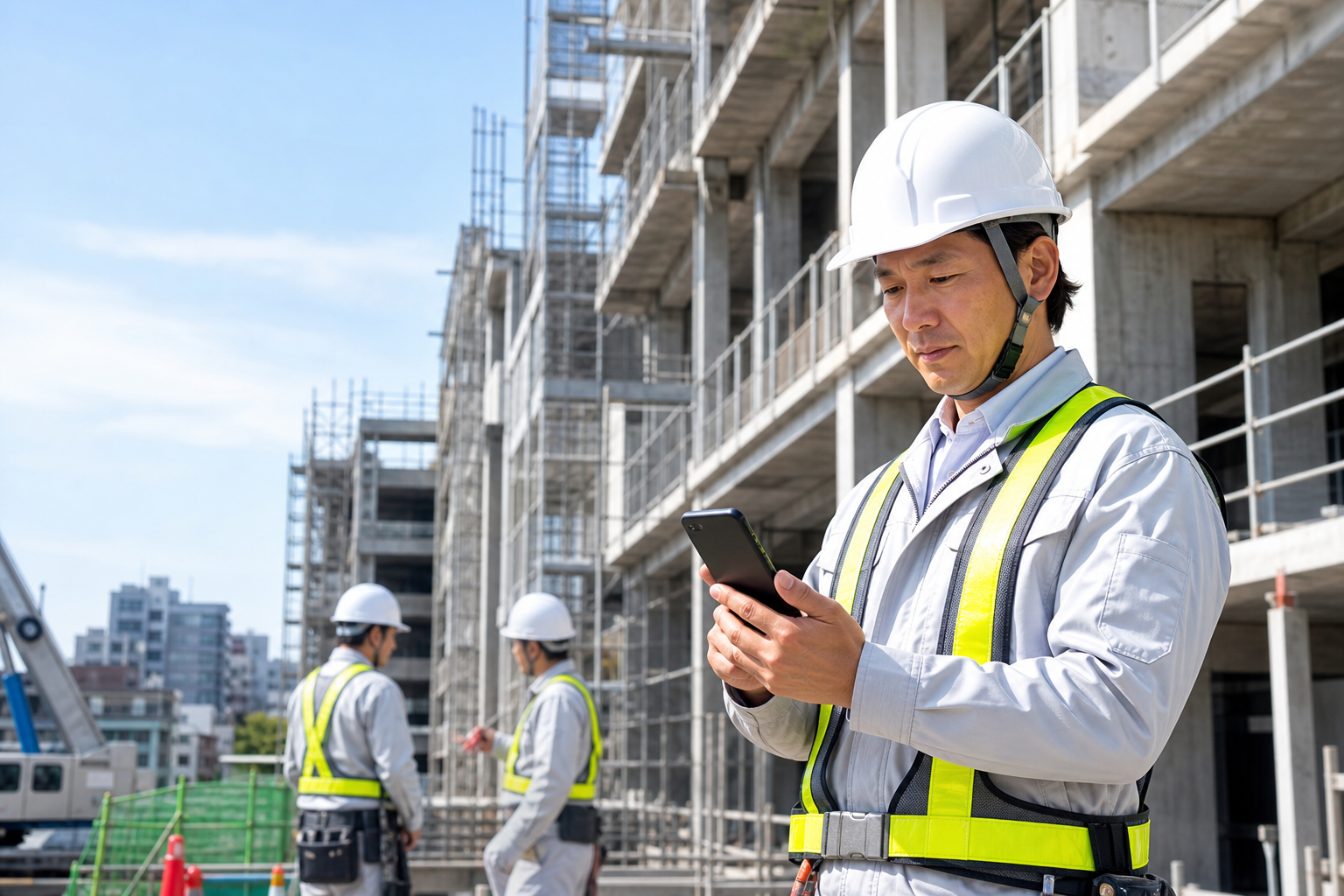 建設現場でスマートフォンを使う作業員