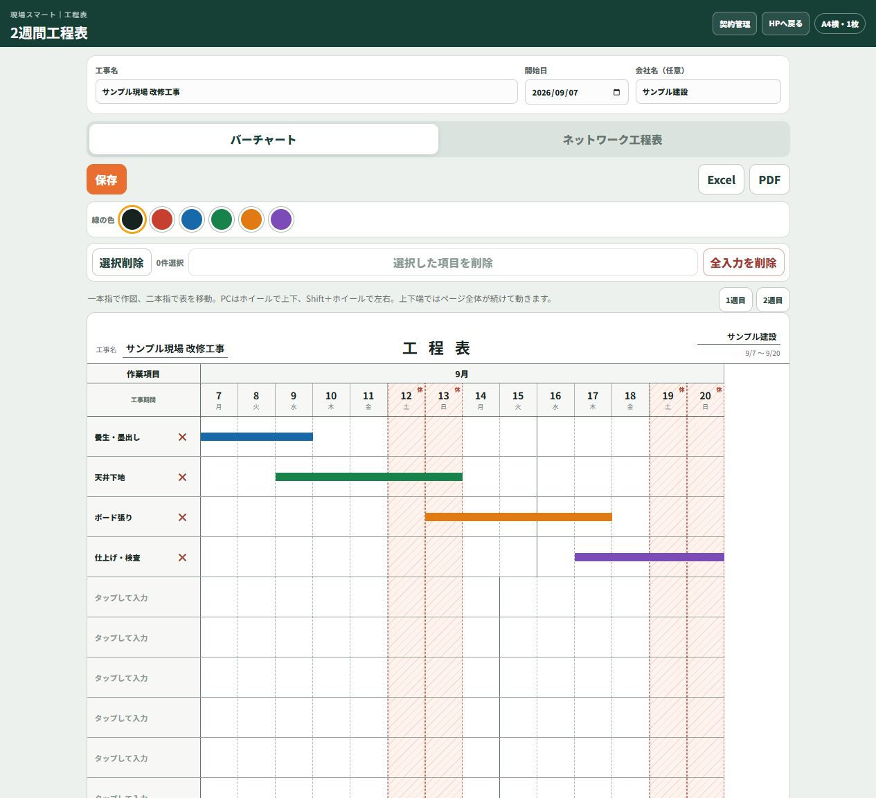 2週間をひとつの工程表に